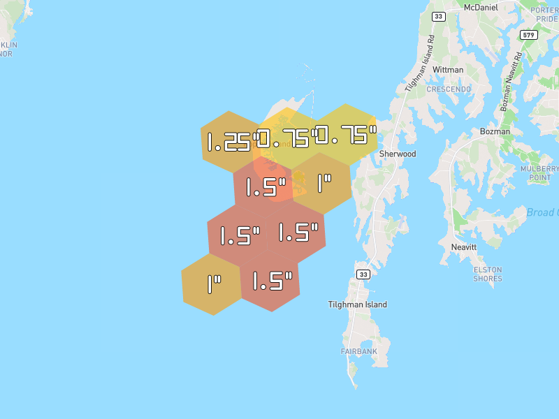Hail map of Sherwood, MD on Jul 6, 2026, hail up to 1.5"