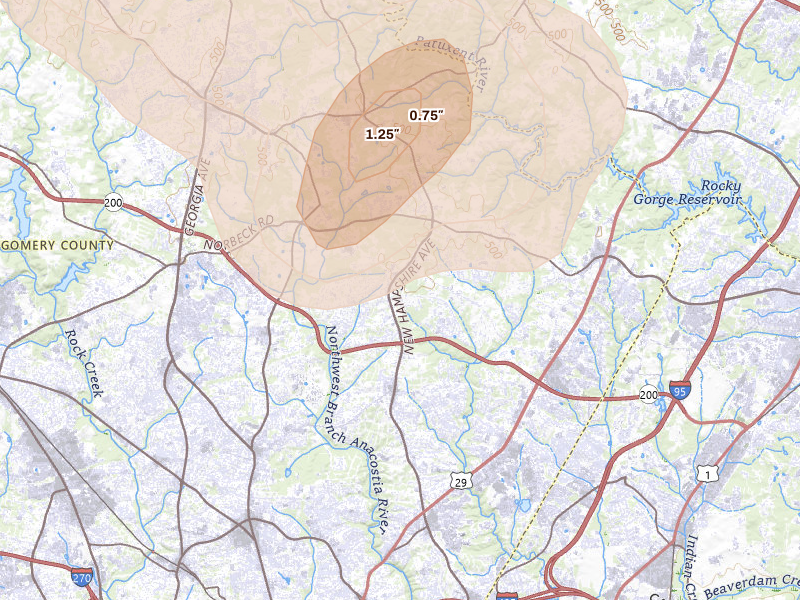 Radar-estimated hail-size map of the storm over Silver Spring, MD on Jul 5, 2026