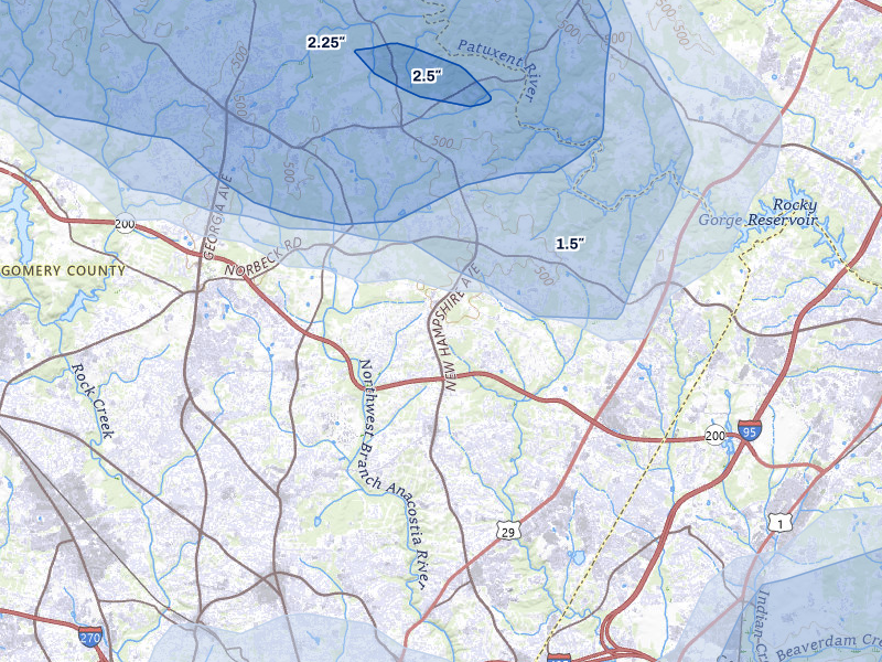 NEXRAD radar-signature map of the hail storm over Silver Spring, MD on Jul 5, 2026