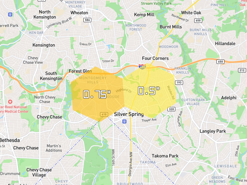 Hail map of Silver Spring, MD on Jul 5, 2026, hail up to 0.75"