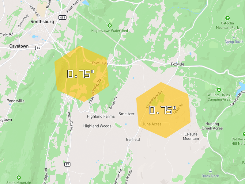 Hail map of Smithsburg, MD on Jul 28, 2026, hail up to 0.75"