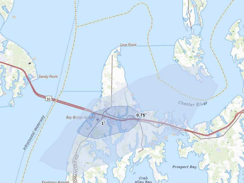 NEXRAD radar-signature map of the hail storm over Stevensville, MD on Apr 1, 2026