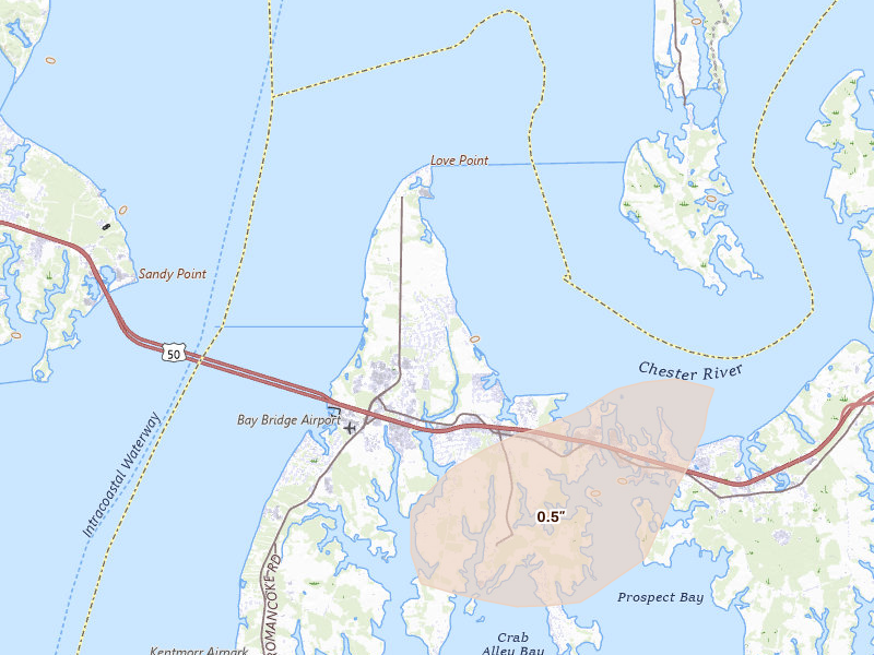 Radar-estimated hail-size map of the storm over Stevensville, MD on Jul 5, 2026