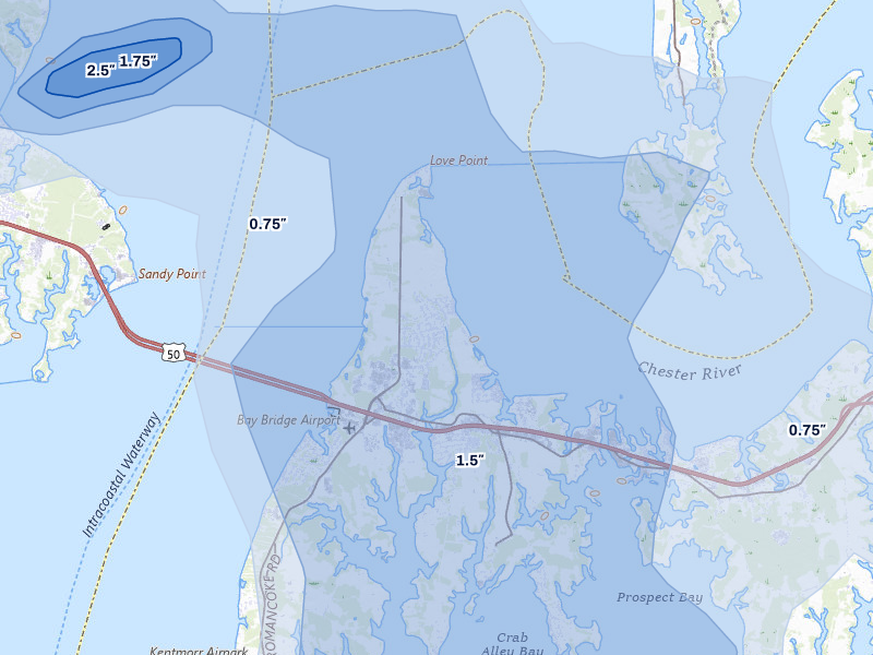 NEXRAD radar-signature map of the hail storm over Stevensville, MD on Jul 5, 2026