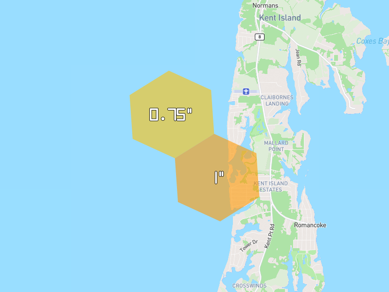 Hail map of Stevensville, MD on Jul 21, 2026, hail up to 1"