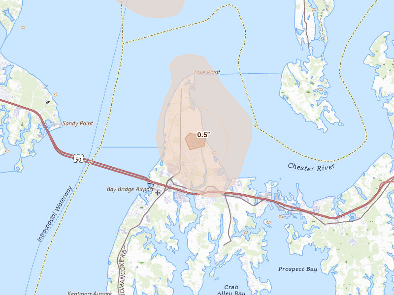 Radar-estimated hail-size map of the storm over Stevensville, MD on Jul 26, 2026