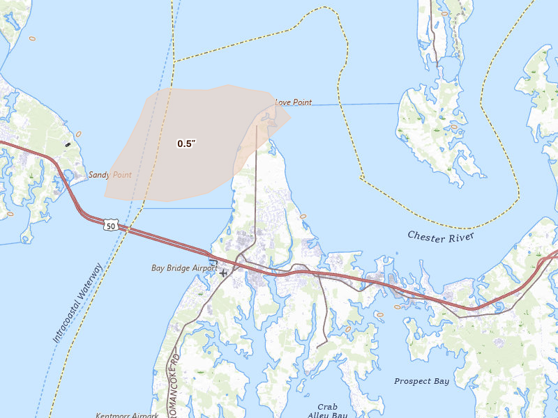 Radar-estimated hail-size map of the storm over Stevensville, MD on Aug 10, 2026