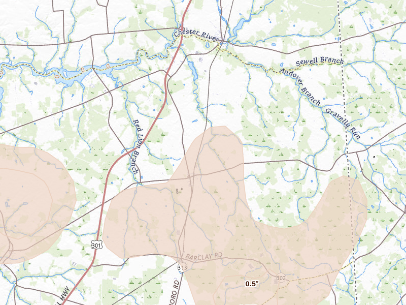 Radar-estimated hail-size map of the storm over Sudlersville, MD on Jul 4, 2026