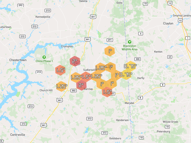 Hail map of Sudlersville, MD on Jul 5, 2026, hail up to 2"