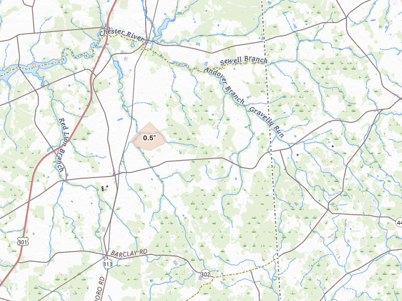 Radar-estimated hail-size map of the storm over Sudlersville, MD on Aug 20, 2026