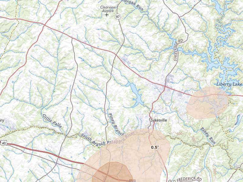 Radar-estimated hail-size map of the storm over Sykesville, MD on Jul 4, 2026