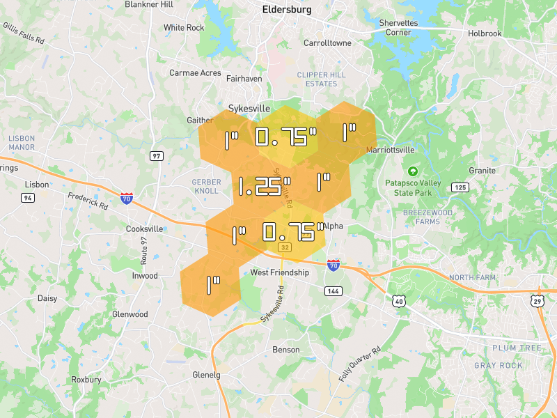 Hail map of Sykesville, MD on Jul 4, 2026, hail up to 1.25"