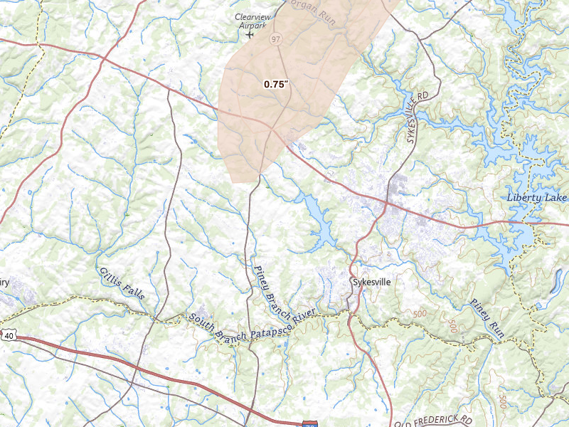 Radar-estimated hail-size map of the storm over Sykesville, MD on Jul 5, 2026