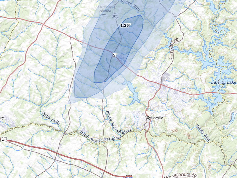 NEXRAD radar-signature map of the hail storm over Sykesville, MD on Jul 5, 2026