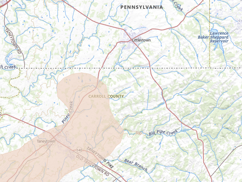 Radar-estimated hail-size map of the storm over Taneytown, MD on Jul 4, 2026