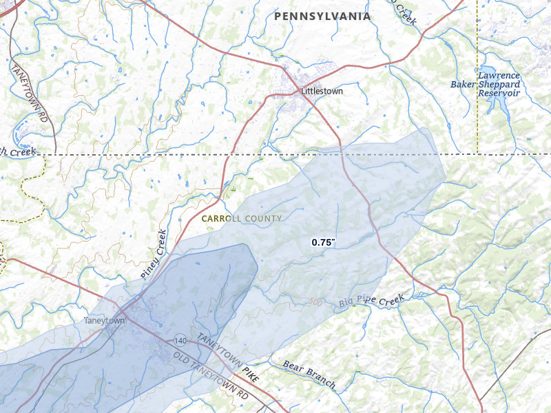 NEXRAD radar-signature map of the hail over Taneytown, MD