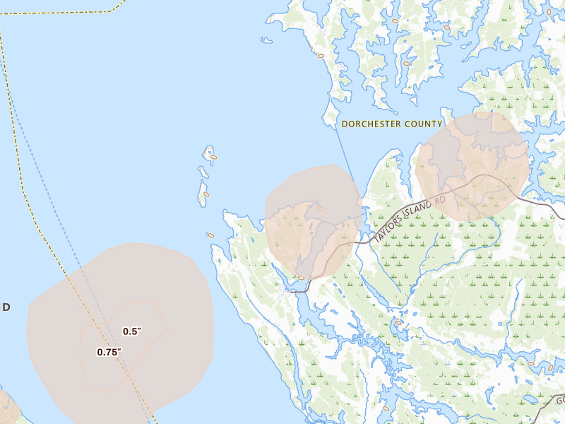 Radar-estimated hail-size map of the storm over Taylors Island, MD on Jul 4, 2026