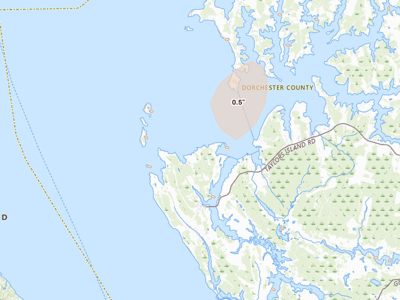 Radar-estimated hail-size map of the storm over Taylors Island, MD on Jul 5, 2026