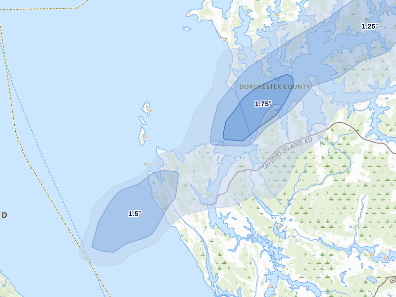 NEXRAD radar-signature map of the hail storm over Taylors Island, MD on Jul 5, 2026