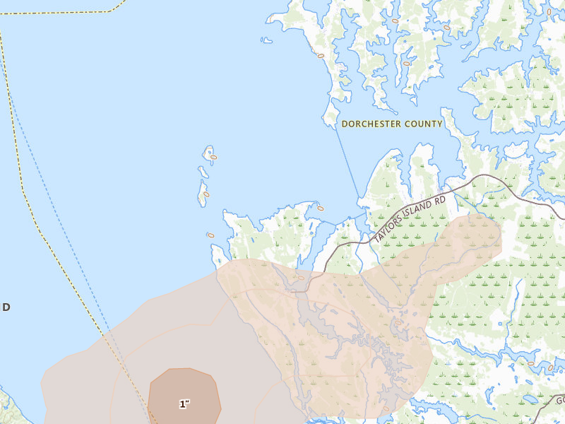 Radar-estimated hail-size map of the storm over Taylors Island, MD on Jul 28, 2026