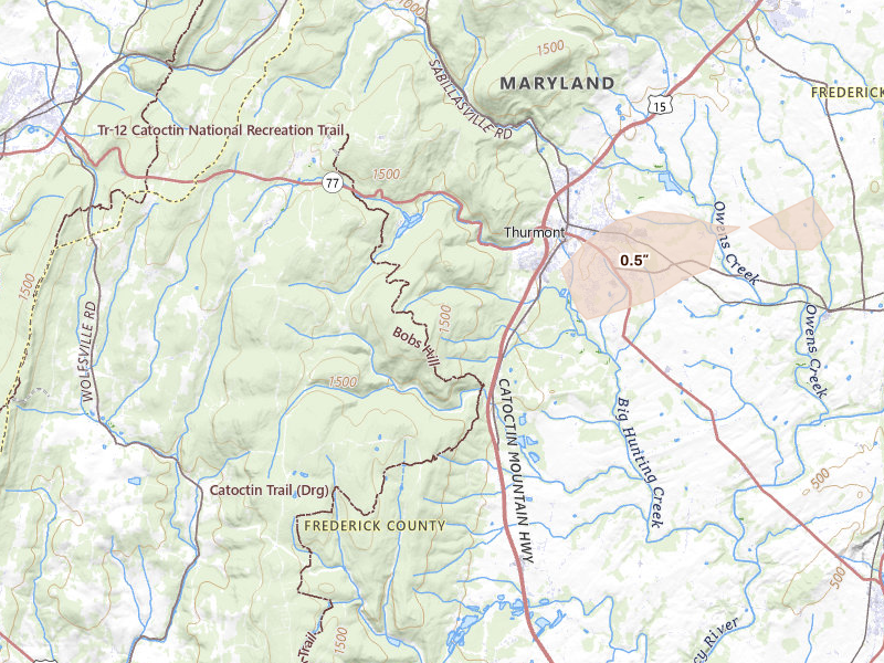 Radar-estimated hail-size map of the storm over Thurmont, MD on Jul 18, 2026