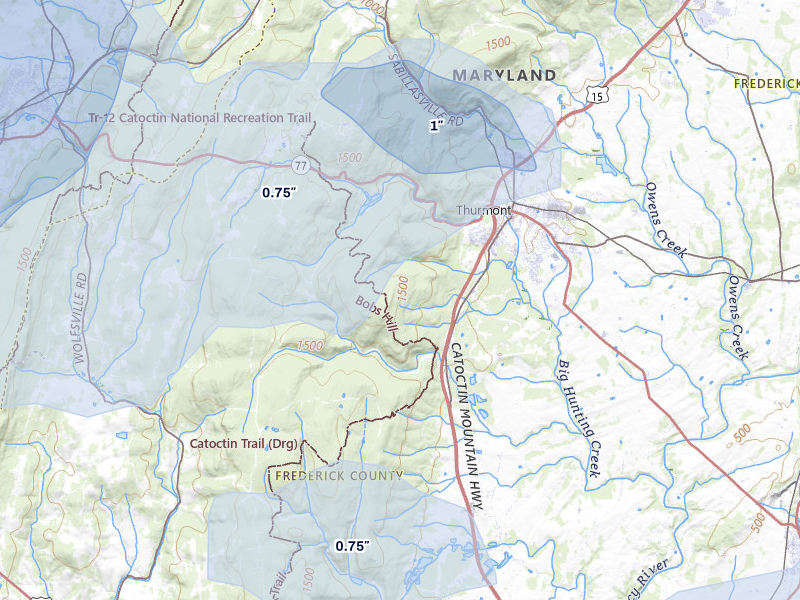 NEXRAD radar-signature map of the hail storm over Thurmont, MD on Jul 28, 2026
