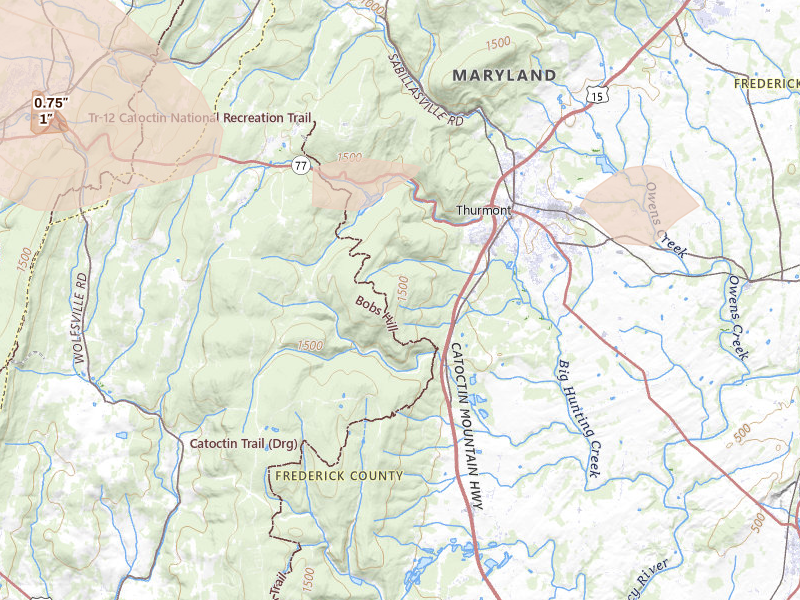 Radar-estimated hail-size map of the storm over Thurmont, MD on Aug 10, 2026