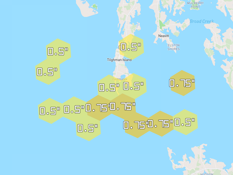 Hail map of Tilghman, MD on Jul 9, 2026, hail up to 0.75"