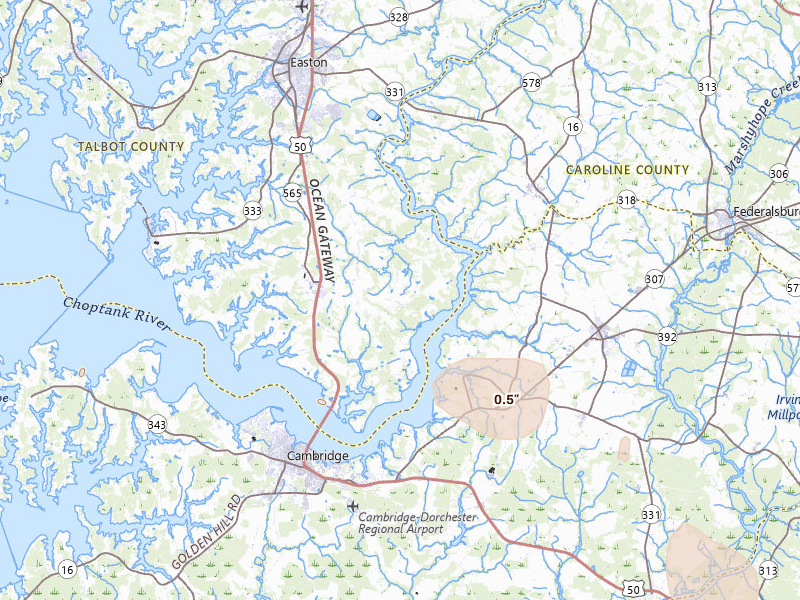 Radar-estimated hail-size map of the storm over Trappe, MD on Jul 6, 2026