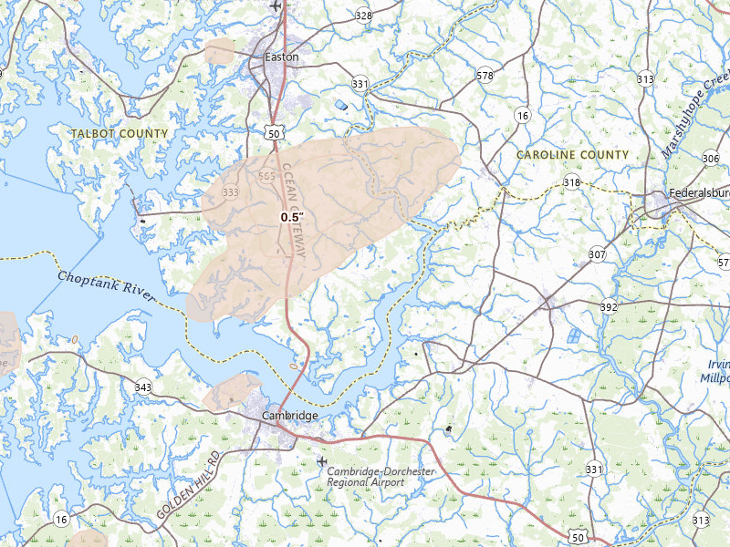 Radar-estimated hail-size map of the storm over Trappe, MD on Jul 28, 2026