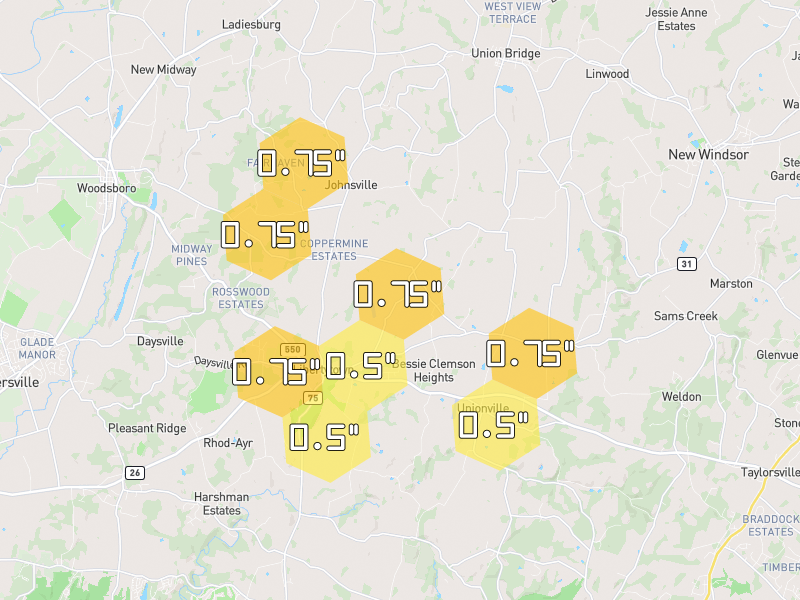 Hail map of Union Bridge, MD on Jul 28, 2026, hail up to 0.75"