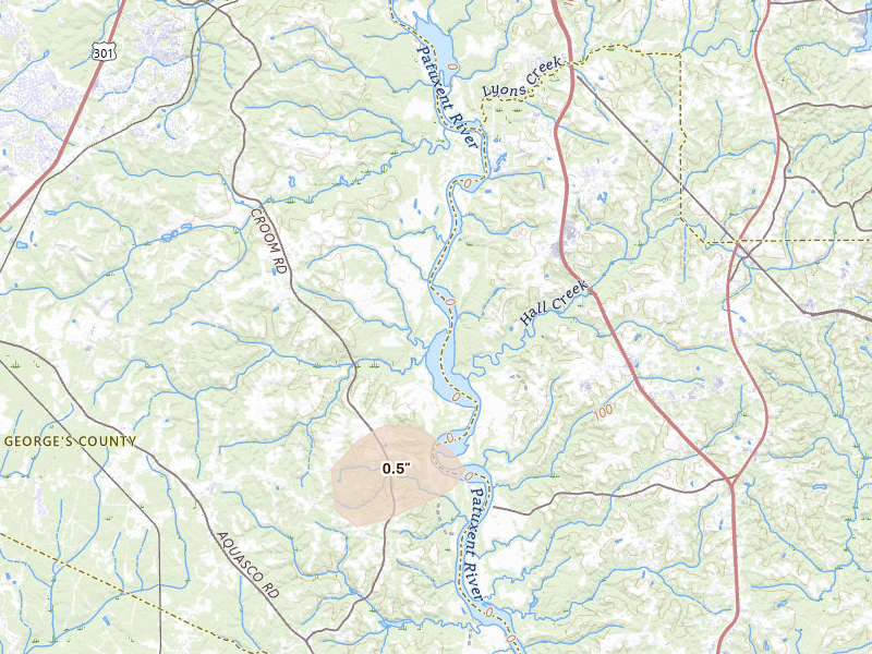 Radar-estimated hail-size map of the storm over Upper Marlboro, MD on Jun 12, 2026