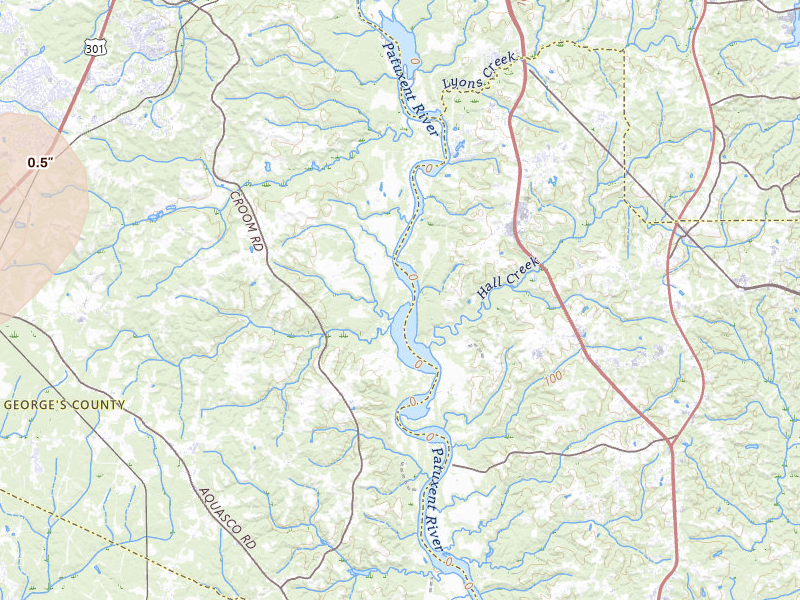 Radar-estimated hail-size map of the storm over Upper Marlboro, MD on Jul 21, 2026