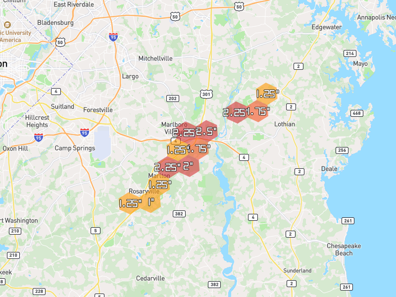Hail map of Upper Marlboro, MD on Jul 21, 2026, hail up to 2.5"