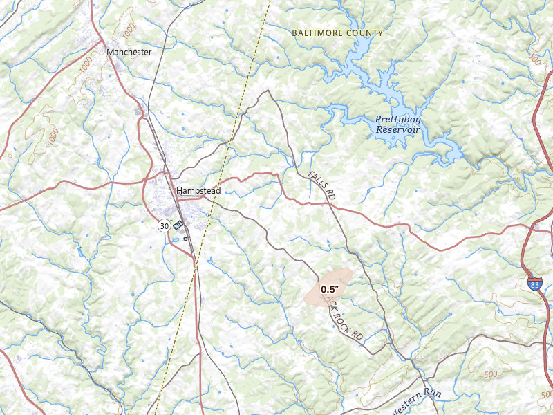 Radar-estimated hail-size map of the storm over Upperco, MD on May 20, 2026