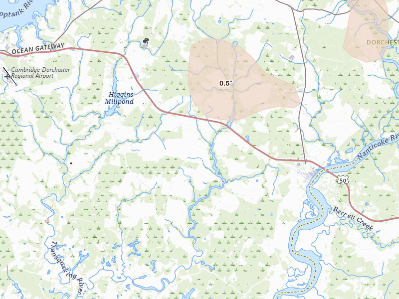Radar-estimated hail-size map of the storm over Vienna, MD on Jul 18, 2026