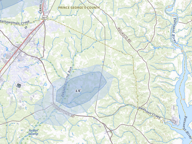 NEXRAD radar-signature map of the hail over Waldorf, MD