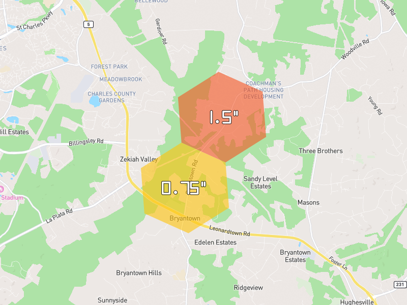 Hail map of Waldorf, MD on Jul 21, 2026, hail up to 1.5"
