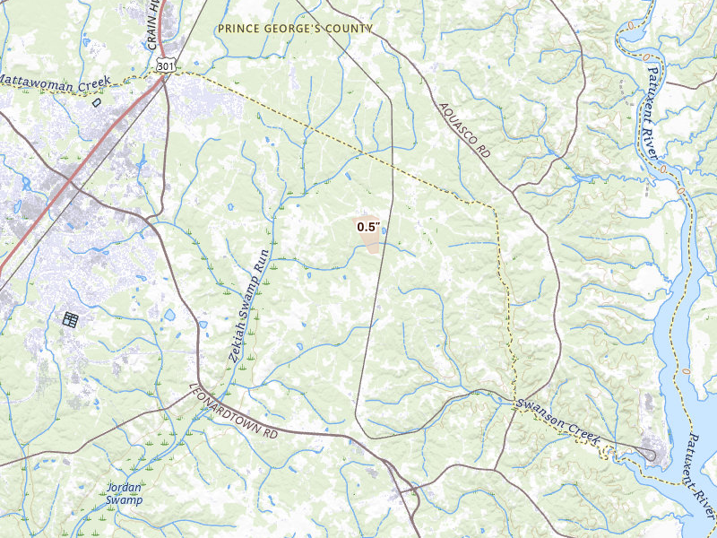 Radar-estimated hail-size map of the storm over Waldorf, MD on Sep 3, 2026