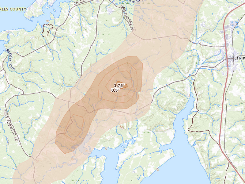 Radar-estimated hail-size map of the storm over Welcome, MD on Jun 14, 2026