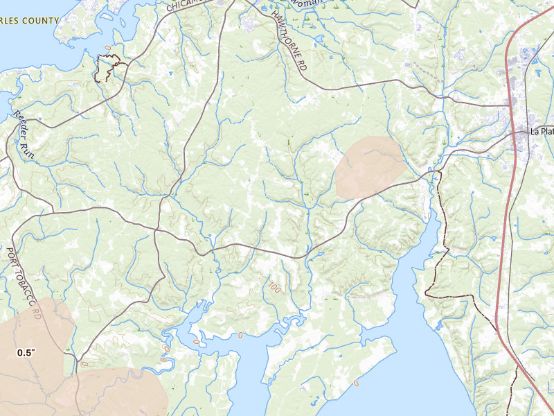 Radar-estimated hail-size map of the storm over Welcome, MD on Jul 4, 2026