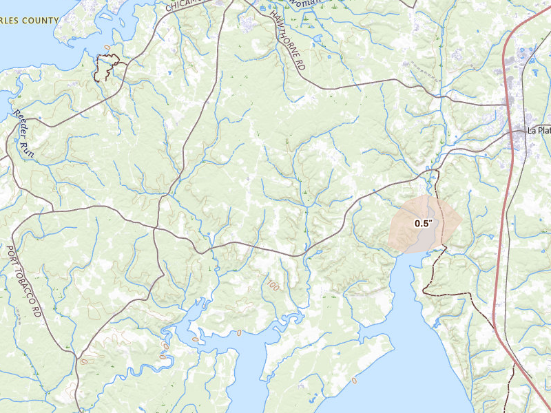 Radar-estimated hail-size map of the storm over Welcome, MD on Jul 9, 2026