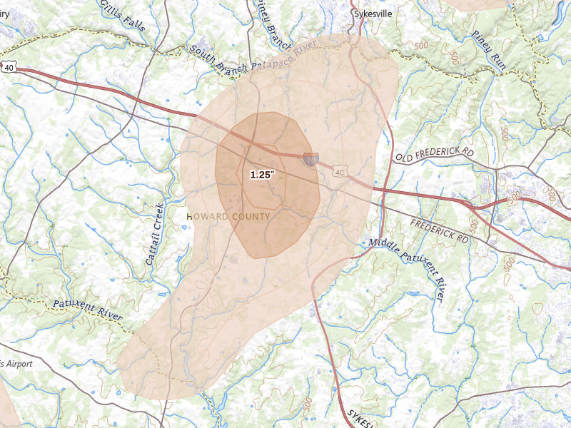 Radar-estimated hail-size map of the storm over West Friendship, MD on Jul 4, 2026
