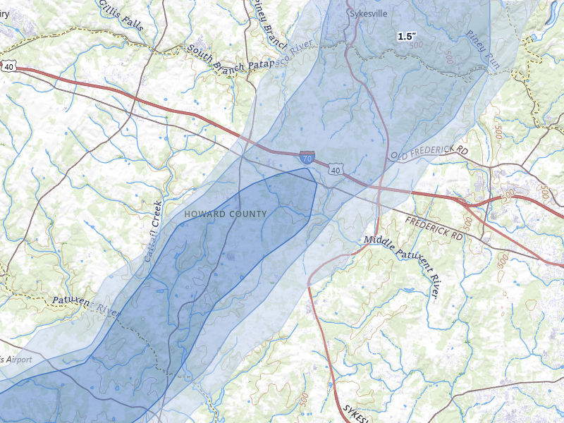 NEXRAD radar-signature map of the hail over West Friendship, MD