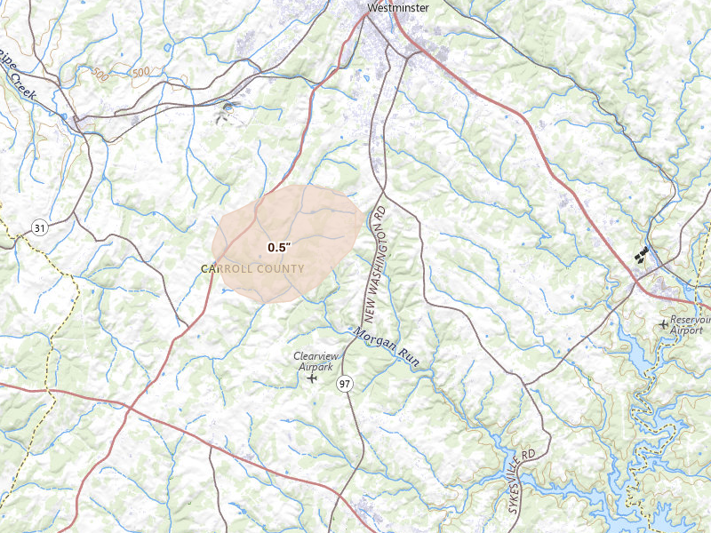 Radar-estimated hail-size map of the storm over Westminster, MD on May 20, 2026