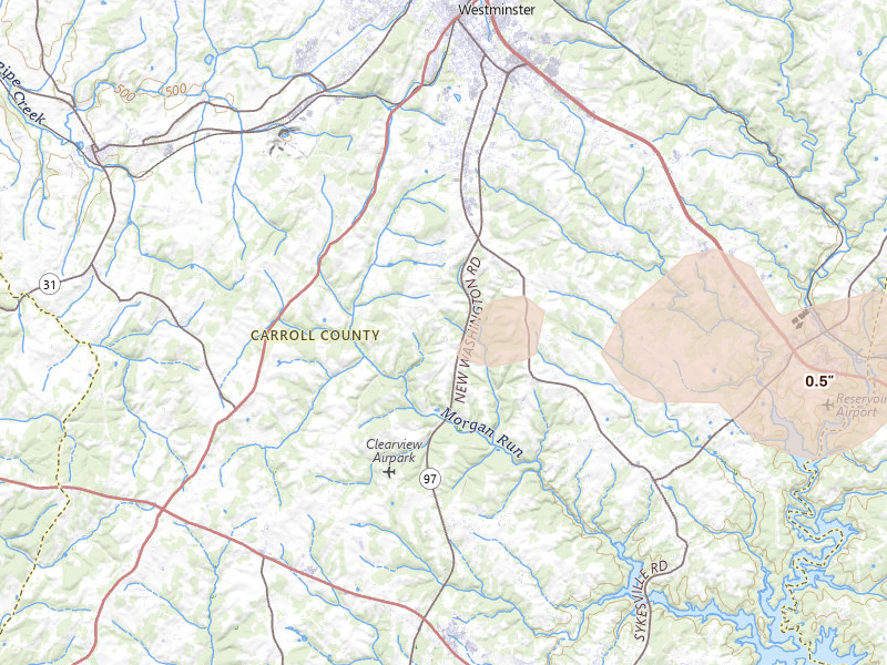 Radar-estimated hail-size map of the storm over Westminster, MD on Jun 14, 2026