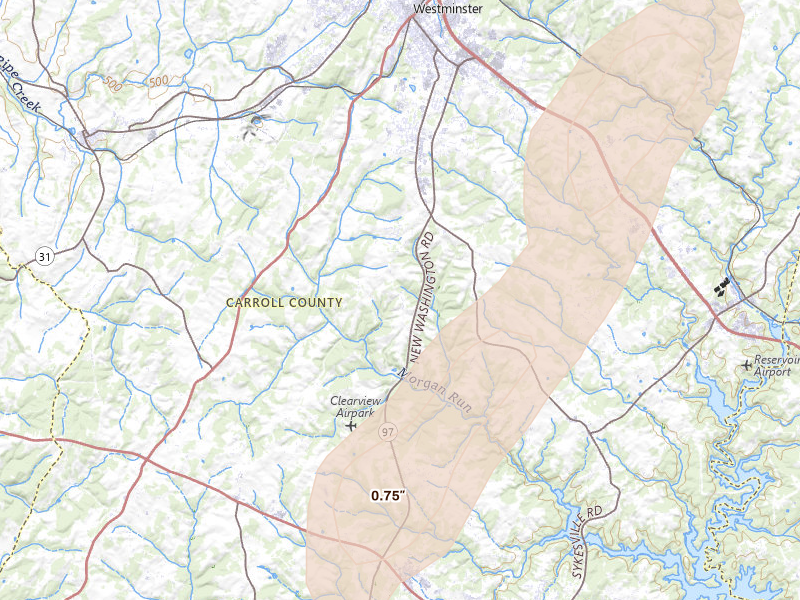 Radar-estimated hail-size map of the storm over Westminster, MD on Jul 5, 2026
