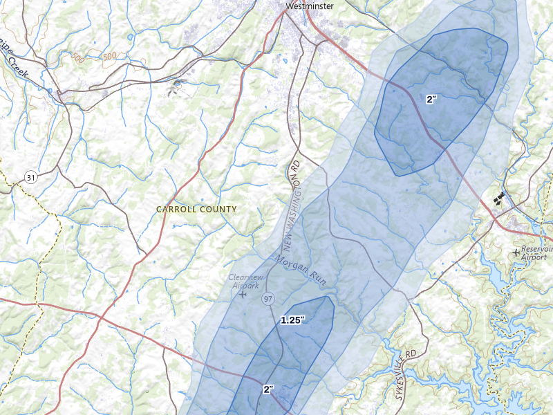NEXRAD radar-signature map of the hail storm over Westminster, MD on Jul 5, 2026