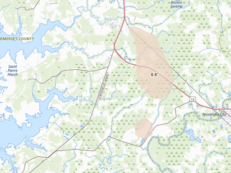 Radar-estimated hail-size map of the storm over Westover, MD on Jul 27, 2026
