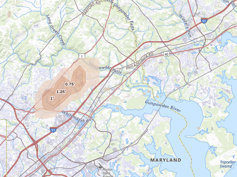 Radar-estimated hail-size map of the storm over White Marsh, MD